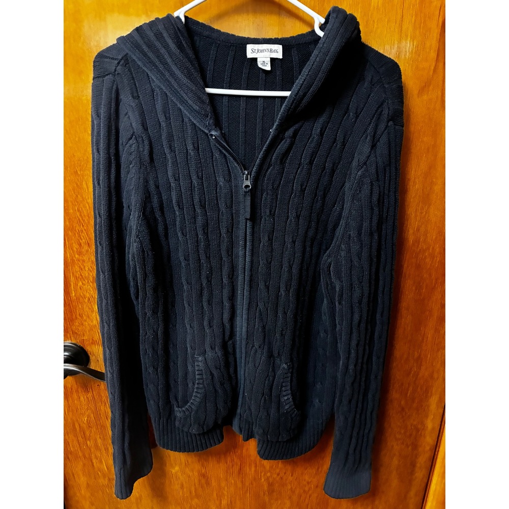 St. Johns Bay Zip Hoodie Womens XL Black Cable Knit Cotton Casual Preppy